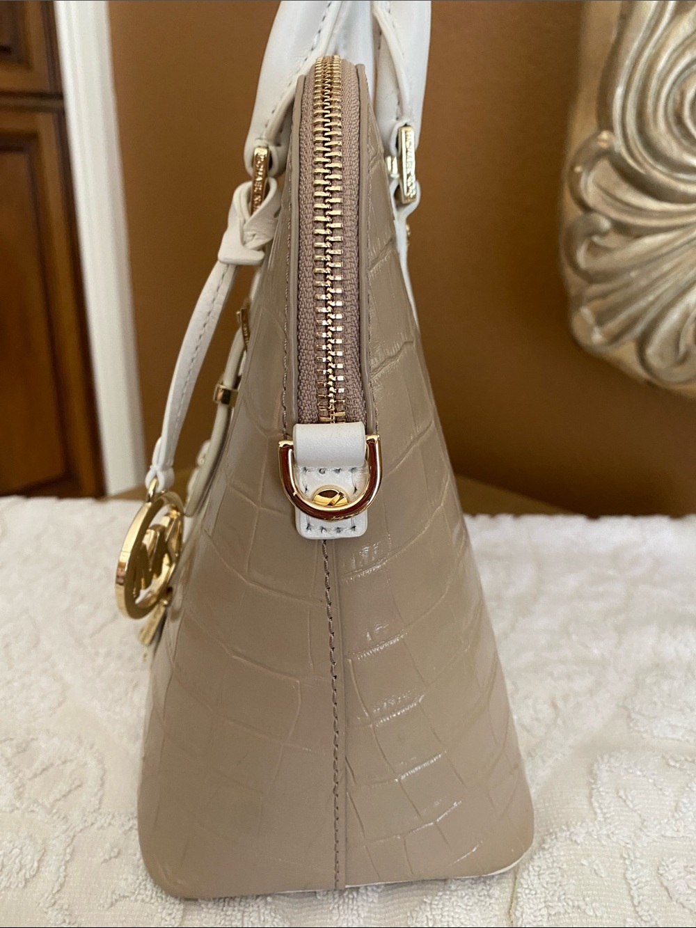 Michael Kors Taupe Croc-Embossed Satchel with White Trim and Gold Hardware - Picture 2 of 5